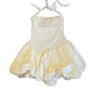 SHEIN Cream White Halter Mini Dress/Top Ruched Bubble Skirt XS Tie‎ Back